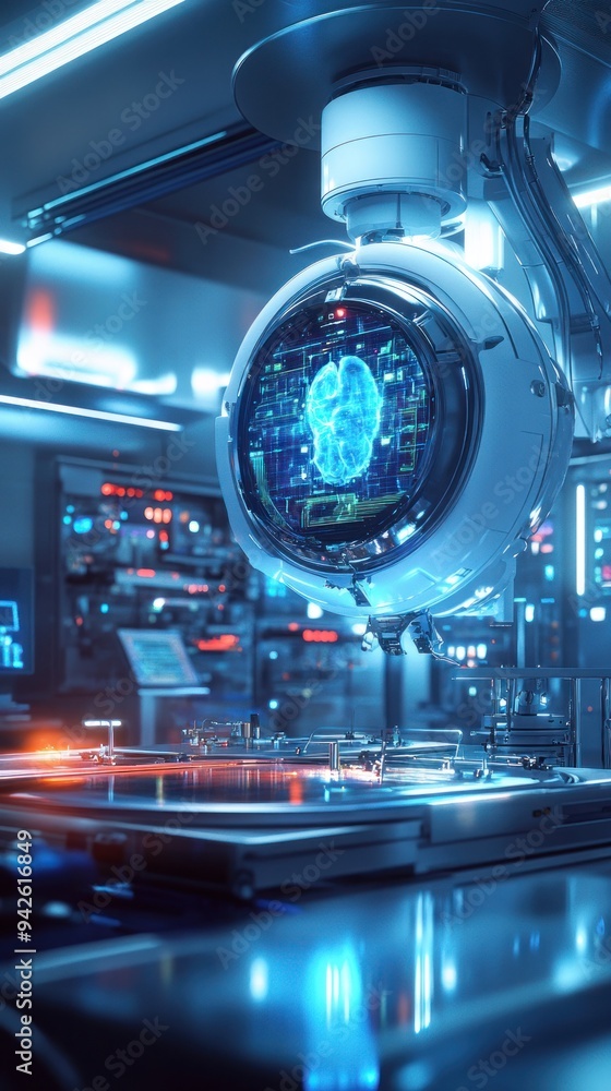 Poster futuristic robotic arm holding a sphere displaying a digital brain