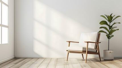A minimalist living room with a white armchair and a potted plant, bathed in natural light.
