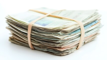 A neat stack of receipts or invoices tied together with a rubber band isolated on a clean white background