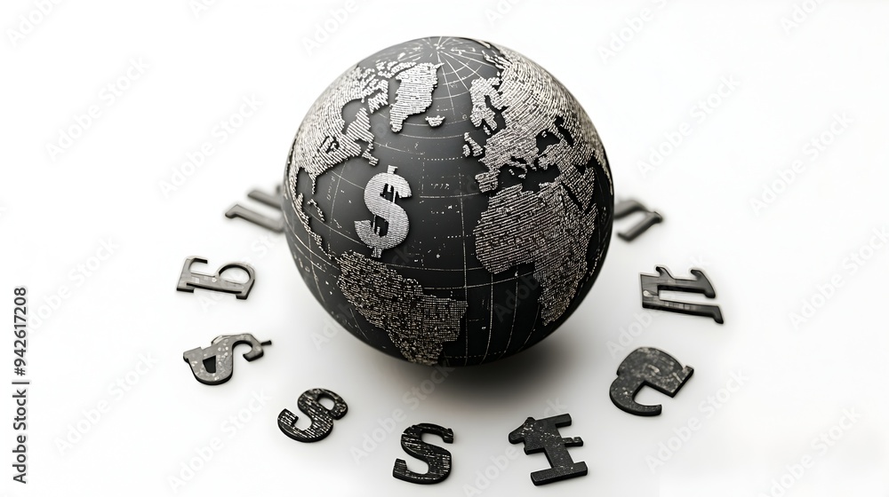 Poster conceptual image of a world globe surrounded by various financial symbols and icons representing the