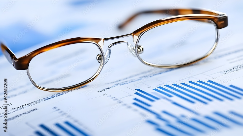 Poster closeup of a pair of eyeglasses resting on top of a financial report or document isolated on a clean
