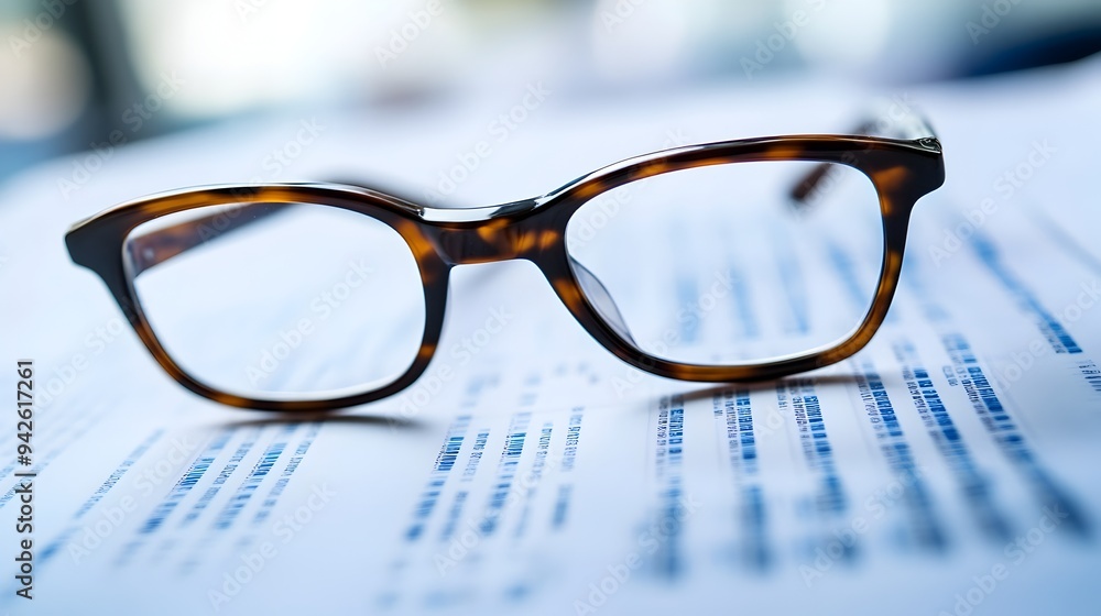 Aufkleber closeup of a pair of eyeglasses resting on top of a financial report or document isolated on a clean