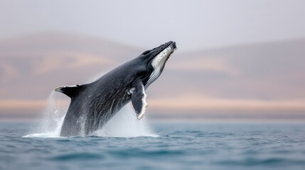 Fototapeta premium Humpback whale breaching into the air, majestic display of strength and grace, surrounded by shimmering ocean waters and misty coastal backdrop.