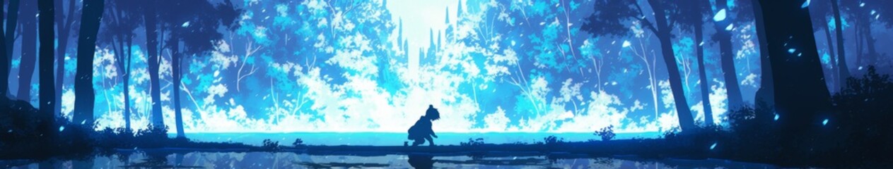 Fototapeta premium Enchanting Winter Silhouette: Child by Snowy Pond in Moonlit Forest. AI-Generated Anime-Inspired Digital Art for Storybooks, Fantasy Backgrounds, and Seasonal Marketing. Minimalist Composition with El