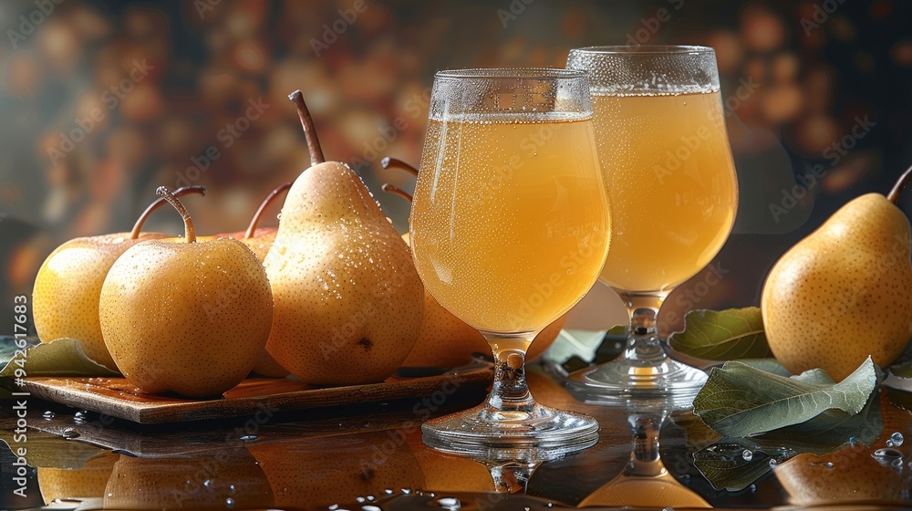 Poster a pears and pear juice. generative ai.