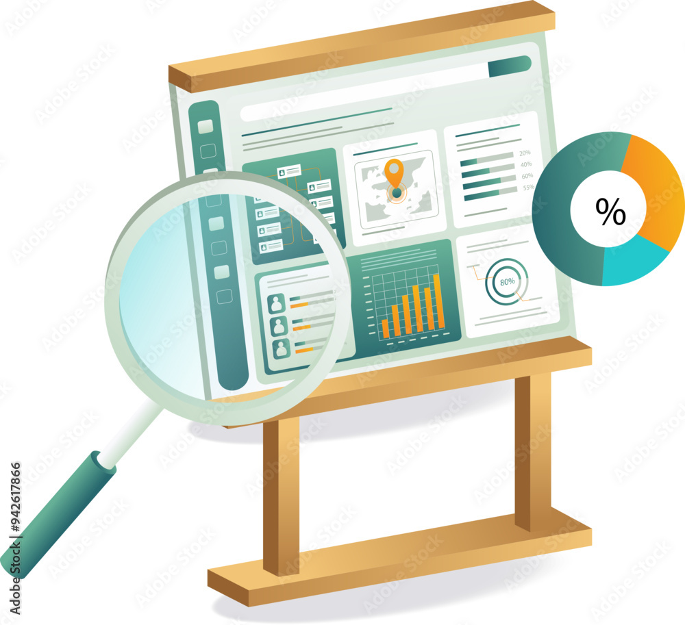 Poster an illustration of a magnifying glass hovering over a website, symbolizing search engine optimizatio