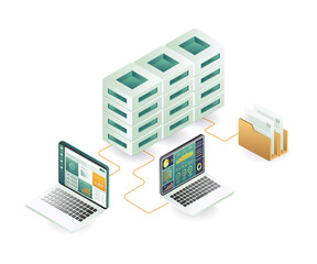 An illustration of a laptop connected to a server, representing technology and data transfer