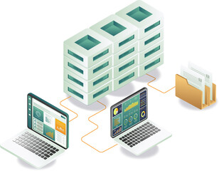 An illustration of a laptop connected to a server, representing technology and data transfer