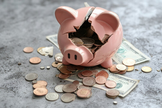 Broken piggy bank with spilled coins and dollar bills, symbolizing financial crisis, savings loss, or unexpected expenses