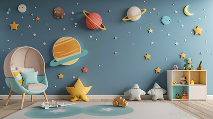 A child's room with a blue wall decorated with stars and planets. There is a comfy chair and a toy shelf filled with stuffed animals.