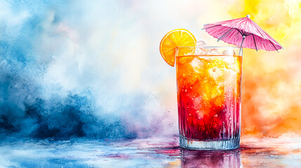 Vibrant Tropical Mocktail with Colorful Umbrella in Playful Watercolor Style