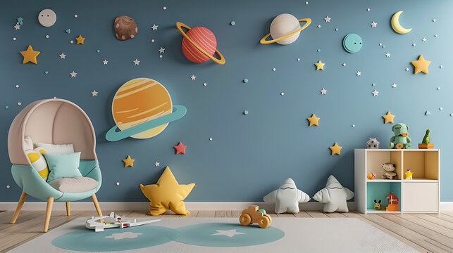 A child's room with a blue wall decorated with stars and planets. There is a comfy chair and a toy shelf filled with stuffed animals.