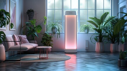 A minimalist vertical distributor with a screen that permit someone to easily scan their skin. Generative AI.