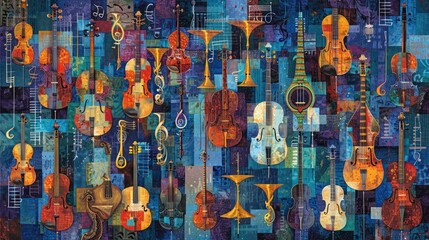 Naklejka premium Abstract Collage of String Instruments and Music Notes.