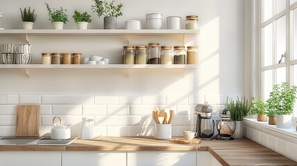 White walls, white square cabinets on the walls, coffee and tea sets on top of the cabinets, farmhouse style kitchen. Generative AI.