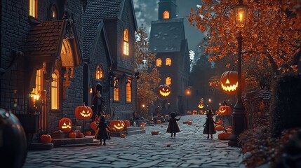 Obraz premium Trick-or-treaters in costumes, spooky street scene, Halloween night