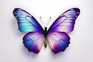 Obraz premium A vivid butterfly with gradient wings in shades of purple and blue on a white background, AI Generated