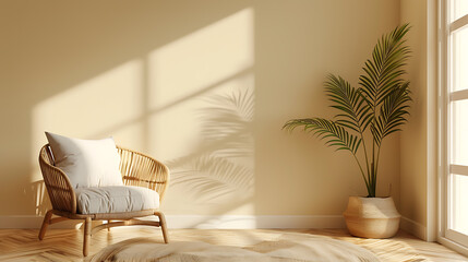 A wicker chair with a white cushion sits in a sunlit room with a potted palm tree and a rug on the floor.