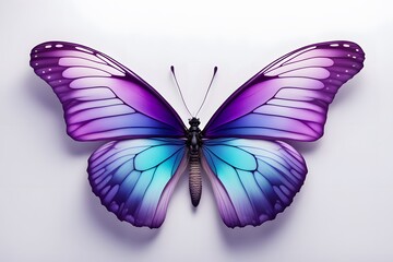 Obraz premium A vivid butterfly with gradient wings in shades of purple and blue on a white background, AI Generated