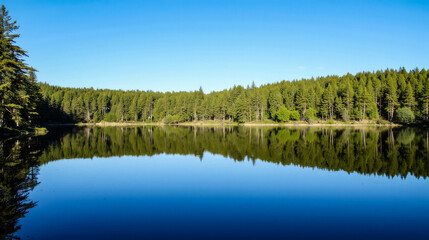 A tranquil lake mirrors the clear blue sky and surrounding evergreen trees on a sunny day, creating a peaceful atmosphere in nature. The reflection enhances the beauty of the scenery