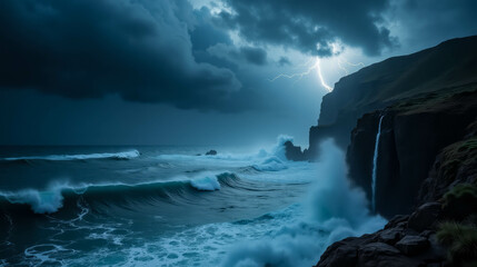 A powerful storm brews over coastal cliffs as waves crash violently against the rocks, illuminated by bright lightning striking the dark sky. The scene captures nature's intensity and beauty