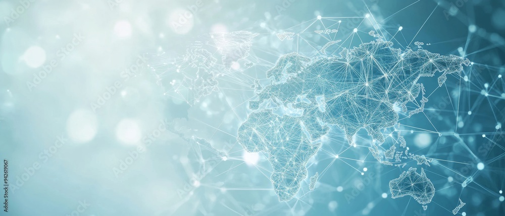 Poster Digital world map with global network connections on a light blue background
