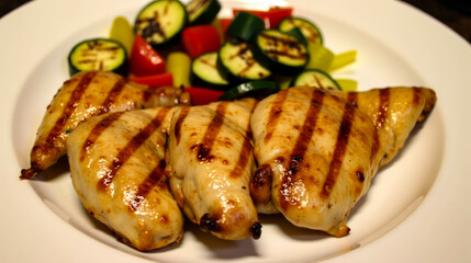 Four pieces of grilled chicken breast sit alongside vibrant sautéed zucchini, bell peppers, and asparagus, creating a nutritious and appetizing dish