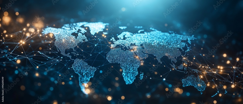 Poster digital world map with global network connections on a light blue background