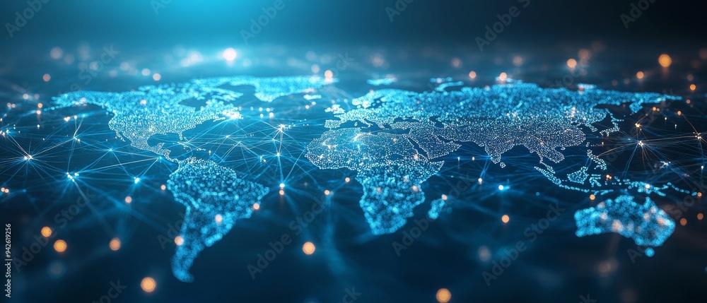 Poster digital world map with global network connections on a light blue background