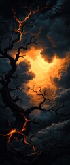 A dramatic scene featuring dark clouds lit by an orange glow, creating an intense atmosphere with a striking tree silhouette.