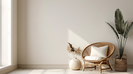A wicker chair with a white cushion sits in a sunlit room,  next to a tall potted plant. The minimal decor evokes a sense of calm and serenity.