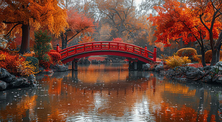 A serene Japanese garden with a red bridge crossing a tranquil pond, vibrant autumn foliage in shades of crimson and amber surrounding. Generative AI.