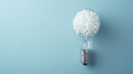 Creative innovation, a light bulb transforms into a fluffy white flower, symbolizing ideas blooming and illuminating creativity against a serene blue backdrop.