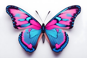 Fototapeta premium A vivid butterfly with neon blue and pink patterns on a white background, AI Generated