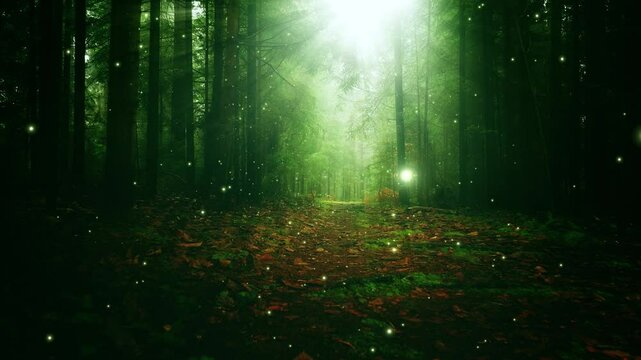 Magical green colored sunny forest path with flying flickering fireflies and sun rays.