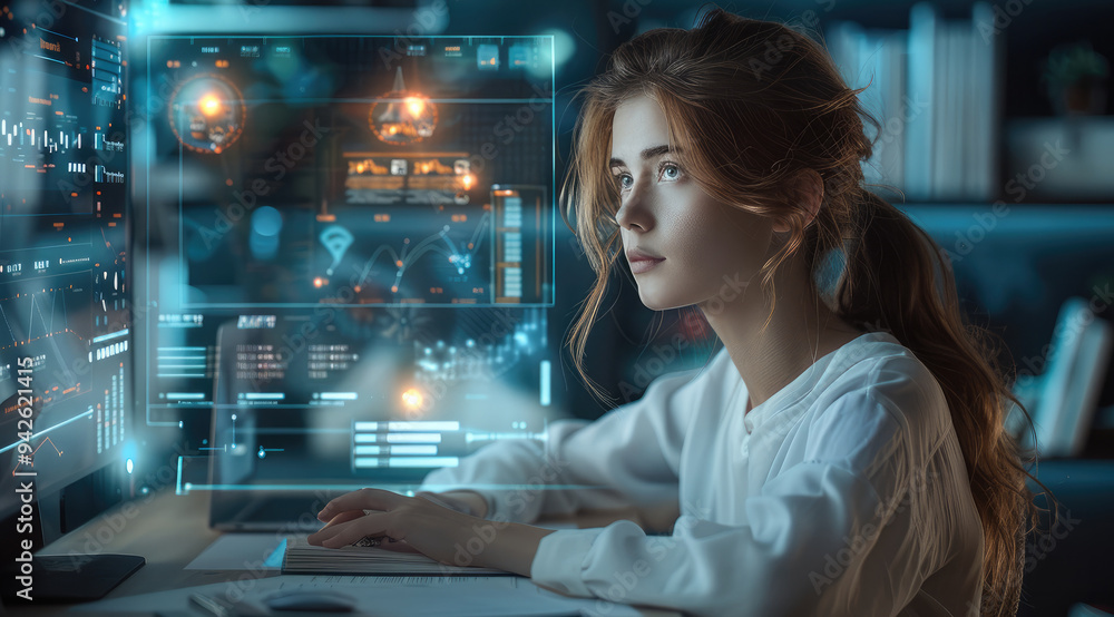Poster a student sitting at a desk with a holographic display showing interactive lessons, charts, and digi