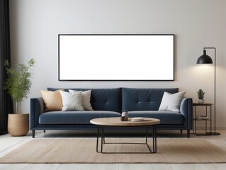 Modern Living Room with Blue Sofa, Empty Frame, and Floor Lamp