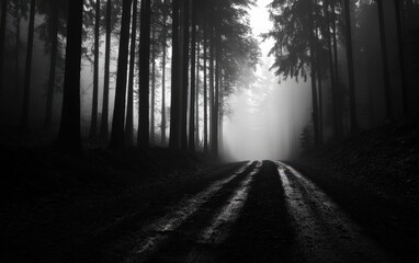 A mysterious forest path shrouded in mist, inviting exploration into the unknown. Perfect for atmospheric and eerie themes.