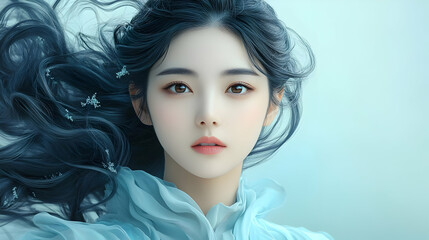 Fototapeta premium Young woman with long black hair and delicate features, wearing a blue top with a soft, dreamy expression, against a light blue background.