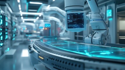 Fototapeta premium Futuristic Medical Operating Room with Robotic Arm and Digital Display