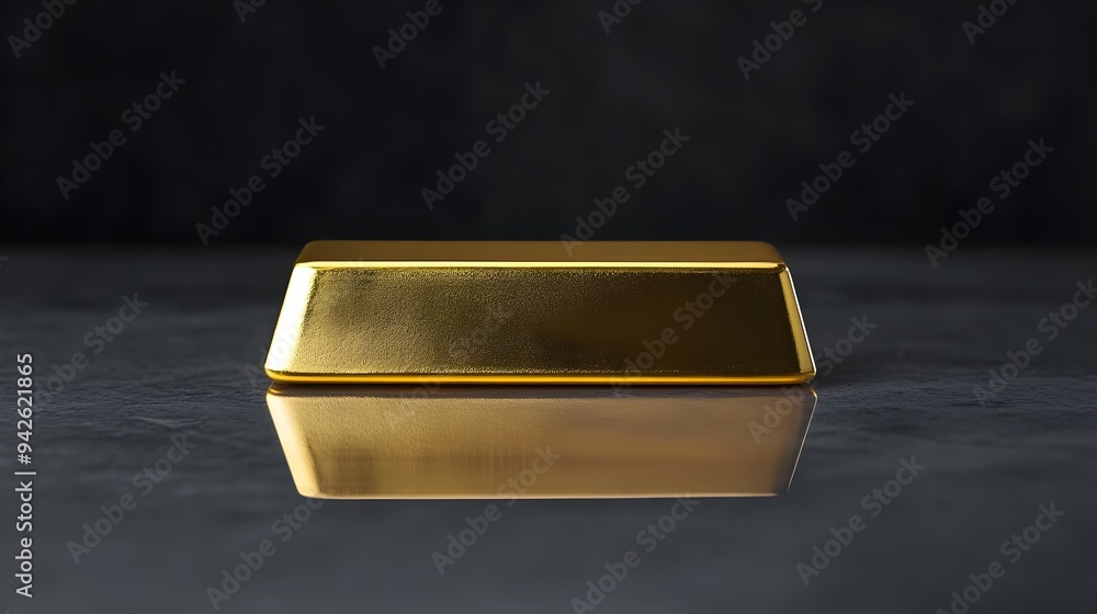 Poster mesmerizing image of a single gleaming gold bar prominently displayed on a highly reflective surface