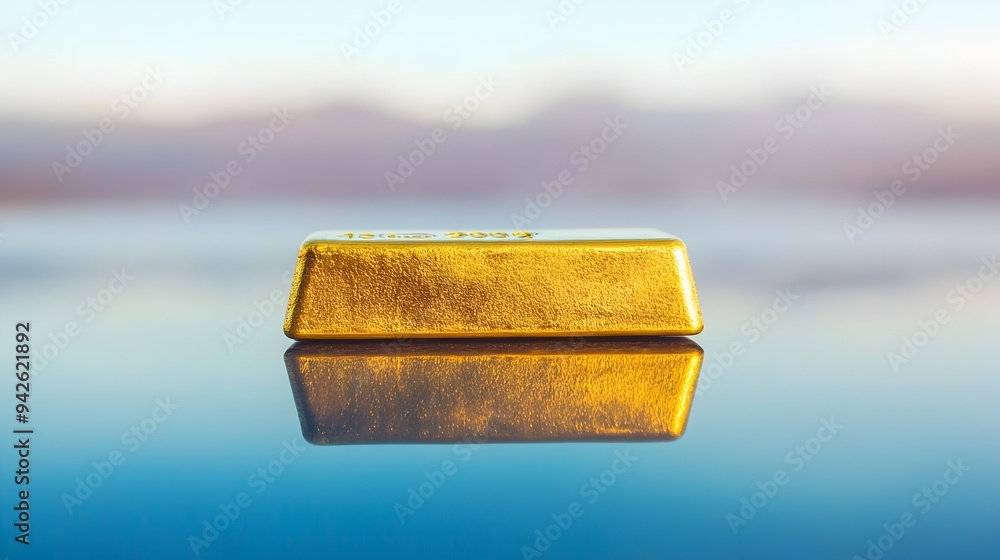 Aufkleber close up shot of a solitary shining gold bullion bar prominently placed on a highly reflective smoot
