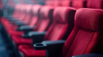 Obraz premium Elegant red theater seats arranged in orderly rows, inviting anticipation for a cinematic experience, embodying comfort and modern design for movie lovers.