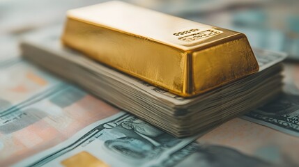 Stacked gold bar positioned carefully atop a stack of currency notes symbolizing wealth financial prosperity and investment success