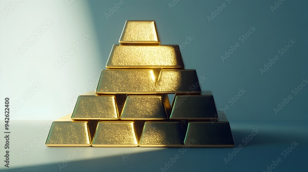 Poster photograph of a pyramid arrangement of multiple shiny gold bars or ingots with a soft shadow creatin
