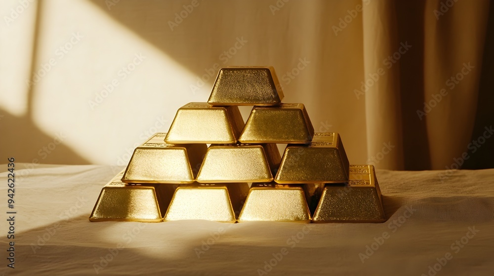 Poster a stunning arrangement of multiple shiny gold bars stacked in a pyramid shape casting a soft shadow 