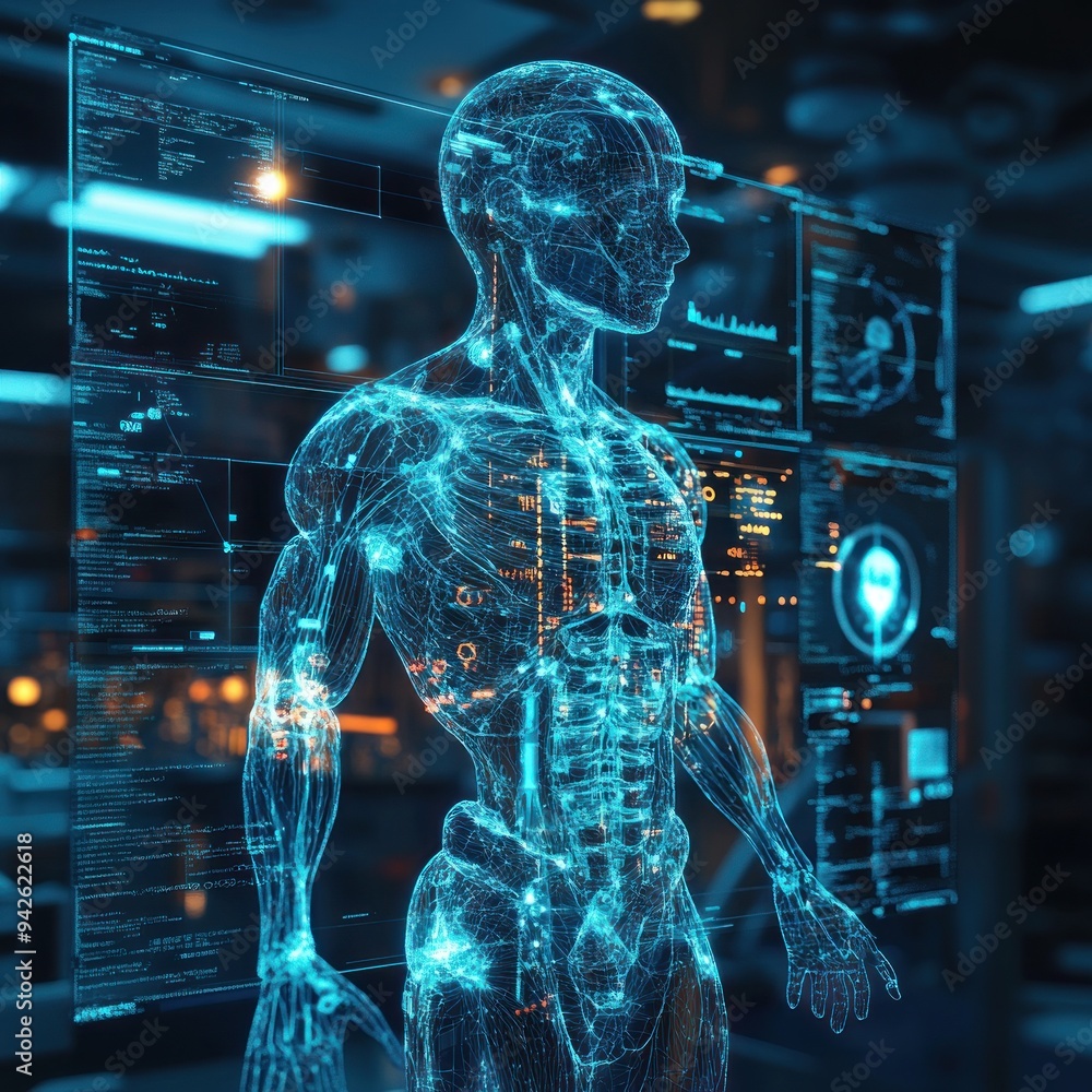 Poster digital representation of human anatomy with code and data displays