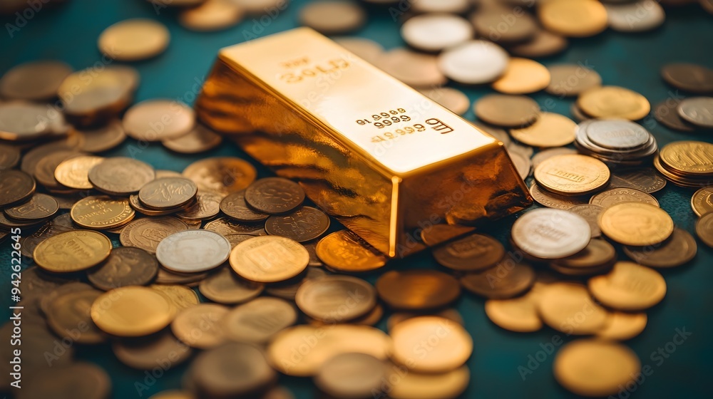 Poster a photograph depicting a gleaming gold bar surrounded by a collection of shiny coins resting on a ne