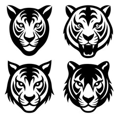 Set of tiger head icons silhouette vector art illustration 