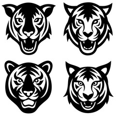 Set of tiger head icons silhouette vector art illustration 